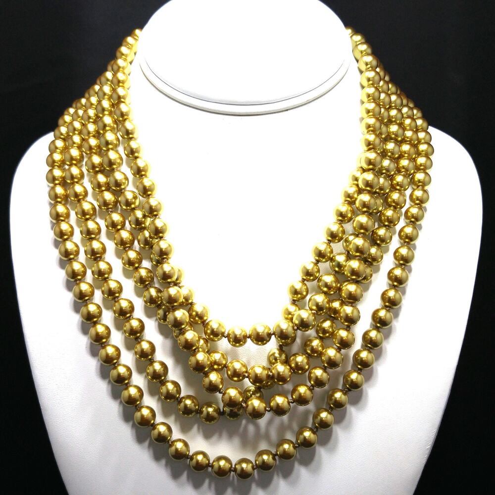 Vintage 96” Gold Glass Pearl Necklace Knotted Strand 8mm 1970s